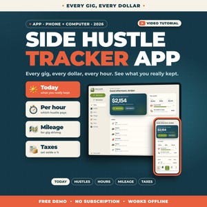 Puede incluir: Una interfaz de aplicación de seguimiento de ingresos extra mostrada en una tableta y un teléfono inteligente. La pantalla muestra datos financieros, ingresos, gastos y funciones fiscales. El texto incluye Side Hustle Tracker App.