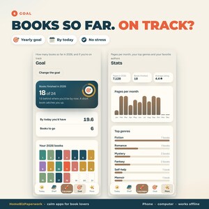 K&ouml;nnte beinhalten: Eine digitale Benutzeroberfl&auml;che zur Anzeige des Lesefortschritts mit der &Uuml;berschrift BOOKS SO FAR. ON TRACK? Der Bildschirm zeigt einen Zielbereich mit 18 von 24 gelesenen B&uuml;chern und einen Statistikbereich mit Balkendiagrammen und Genres.