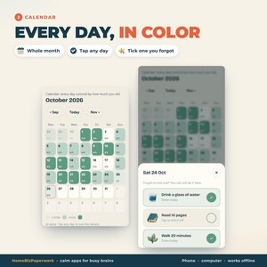 Puede incluir: Una interfaz de calendario digital titulada Every Day, In Color para octubre de 2026. Muestra una cuadr&iacute;cula mensual con progreso diario codificado por colores, una lista de tareas para el 24 de octubre y botones de navegaci&oacute;n.