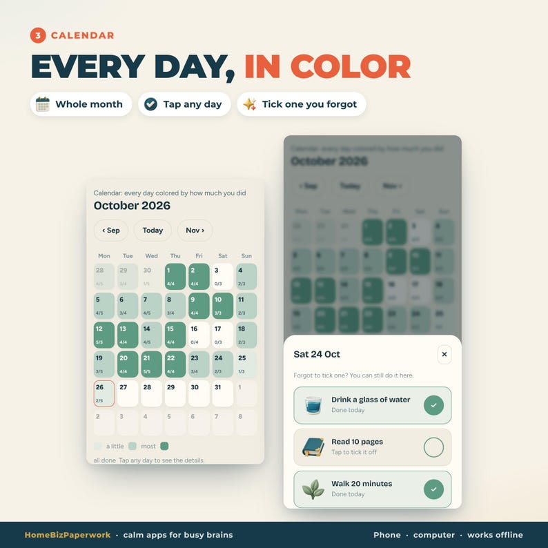 Puede incluir: Una interfaz de calendario digital titulada Every Day, In Color para octubre de 2026. Muestra una cuadr&iacute;cula mensual con progreso diario codificado por colores, una lista de tareas para el 24 de octubre y botones de navegaci&oacute;n.