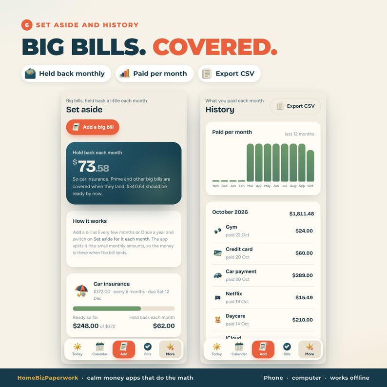 Puede incluir: Una interfaz digital de una aplicaci&oacute;n financiera con dos pantallas. La pantalla izquierda muestra una funci&oacute;n para reservar dinero para facturas con una meta mensual de $73.58. La pantalla derecha muestra un historial de pagos mensuales.