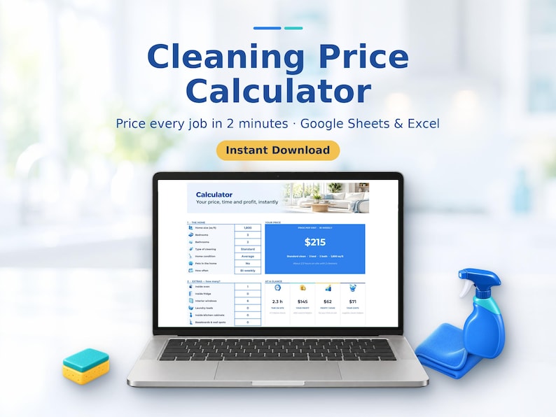 Pu&ograve; includere: Un computer portatile che mostra un calcolatore di prezzi per pulizie per Google Sheets ed Excel. Lo schermo mostra campi per prezzo, tempo e profitto. Accanto al portatile ci sono una piccola spugna gialla e blu e uno spruzzino blu con un panno.