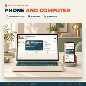 Pu&ograve; includere: Un computer portatile e uno smartphone che mostrano l'interfaccia di un'applicazione di ricette. Lo schermo mostra testo tra cui Works Everywhere, Phone and Computer, Add to Home Screen, Any browser, Works offline e Sheet-pan chicken and veggies.