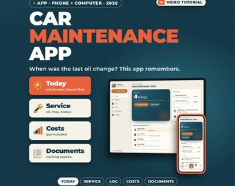 Application de suivi d'entretien automobile | Carnet de vidanges, Liste de rappels d'entretien, Suivi du kilométrage, Journal des dépenses automobiles, Dates d'assurance