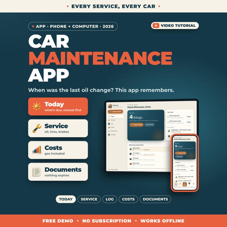 May include: A digital interface for a car maintenance app displayed on a tablet and smartphone. The screen shows text including "CAR MAINTENANCE APP", "EVERY SERVICE, EVERY CAR", "Today", "Service", "Costs", and "Documents".