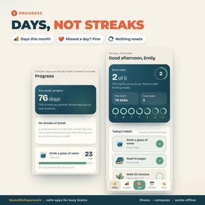 Puede incluir: Una interfaz digital que muestra una aplicaci&oacute;n de seguimiento de h&aacute;bitos con el texto Progress, Days, Not Streaks y Good afternoon, Emily. La pantalla presenta visualizaciones de datos, anillos de progreso y listas de h&aacute;bitos diarios.