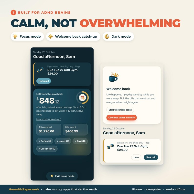 May include: A digital interface display titled Built for ADHD brains, Calm, not overwhelming. It features two mobile app screens showing financial tracking, including a Focus mode, Welcome back catch-up, and Dark mode. Text includes Good afternoon, Sam, paycheck details, and bill reminders.
