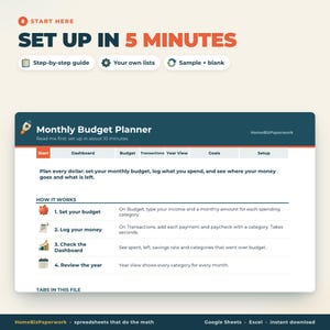 May include: A digital Monthly Budget Planner spreadsheet interface featuring a Start tab, navigation menu, and a How It Works section. The layout includes icons for a piggy bank, calculator, chart, and calendar, with text explaining budget tracking steps.