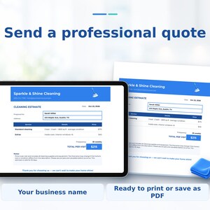 Pu&ograve; includere: Un tablet digitale e un documento stampato che mostrano un preventivo di pulizia Sparkle & Shine. I moduli presentano intestazioni blu, i dettagli del cliente Sarah Miller, elenchi di servizi e un totale di 215 $ per visita.