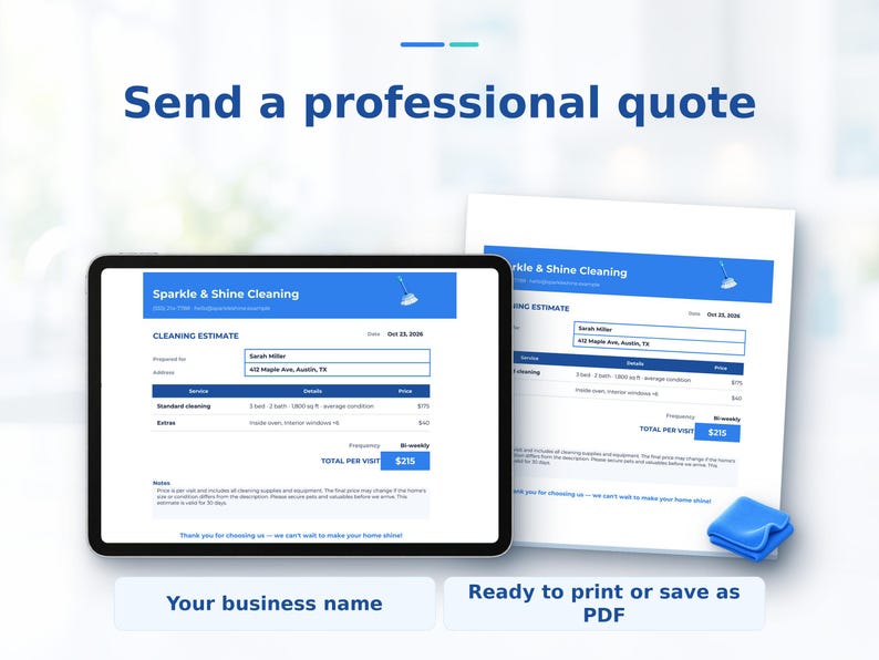 Pu&ograve; includere: Un tablet digitale e un documento stampato che mostrano un preventivo di pulizia Sparkle & Shine. I moduli presentano intestazioni blu, i dettagli del cliente Sarah Miller, elenchi di servizi e un totale di 215 $ per visita.