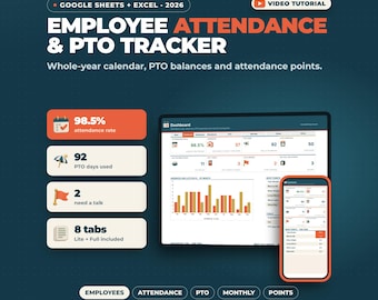 May include: A digital employee attendance and PTO tracker for Google Sheets and Excel 2026. The interface displays a dashboard with attendance rates, PTO days, and performance metrics, including a mobile view and a bar chart for monthly data.