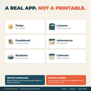 May include: A digital interface graphic titled A REAL APP. NOT A PRINTABLE. It features six white rectangular boxes with icons and text: Today, Lessons, Gradebook, Attendance, Students, and Calendar. Bottom boxes detail instant download and lifetime licence.