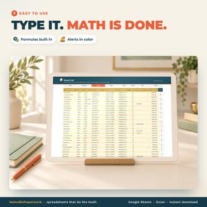 May include: A digital tablet displaying a guest list spreadsheet with columns for names, addresses, and status. The screen features text reading TYPE IT. MATH IS DONE. Formulas built in and Alerts in color are also visible on the display.