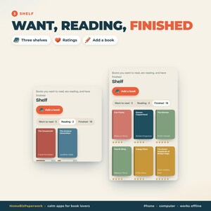 K&ouml;nnte beinhalten: Eine digitale Benutzeroberfl&auml;che mit dem Titel Shelf und den Kategorien Want, Reading, Finished. Sie enth&auml;lt Schaltfl&auml;chen f&uuml;r Add a book, Bewertungen und Buchcover in Farben wie Rot, Blau, Gr&uuml;n und Gelb mit Titeln und Autoren.