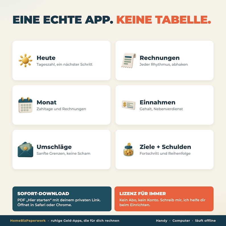 May include: A digital interface graphic titled EINE ECHTE APP. KEINE TABELLE. featuring six categories: Heute, Rechnungen, Monat, Einnahmen, Umschl&auml;ge, and Ziele + Schulden, each with icons. Bottom sections include SOFORT-DOWNLOAD and LIZENZ F&Uuml;R IMMER.