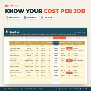 Pianificatore aziendale per autolavaggio e detailing con Fogli Google Excel / Calcolatore prezzi per autolavaggio e detailing, monitoraggio clienti e veicoli, forniture, profitto immagine 6