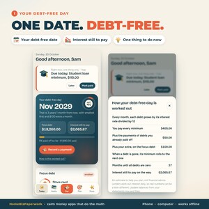 K&ouml;nnte beinhalten: Eine digitale Benutzeroberfl&auml;che f&uuml;r eine Schuldenmanagement-App mit dem Titel Your Debt-Free Day. Der Bildschirm zeigt Finanzdaten, darunter eine Studienkreditrate von 115,00 $, eine Gesamtschuld von 18.260,00 $ und Zinsen von 2.065,67 $.