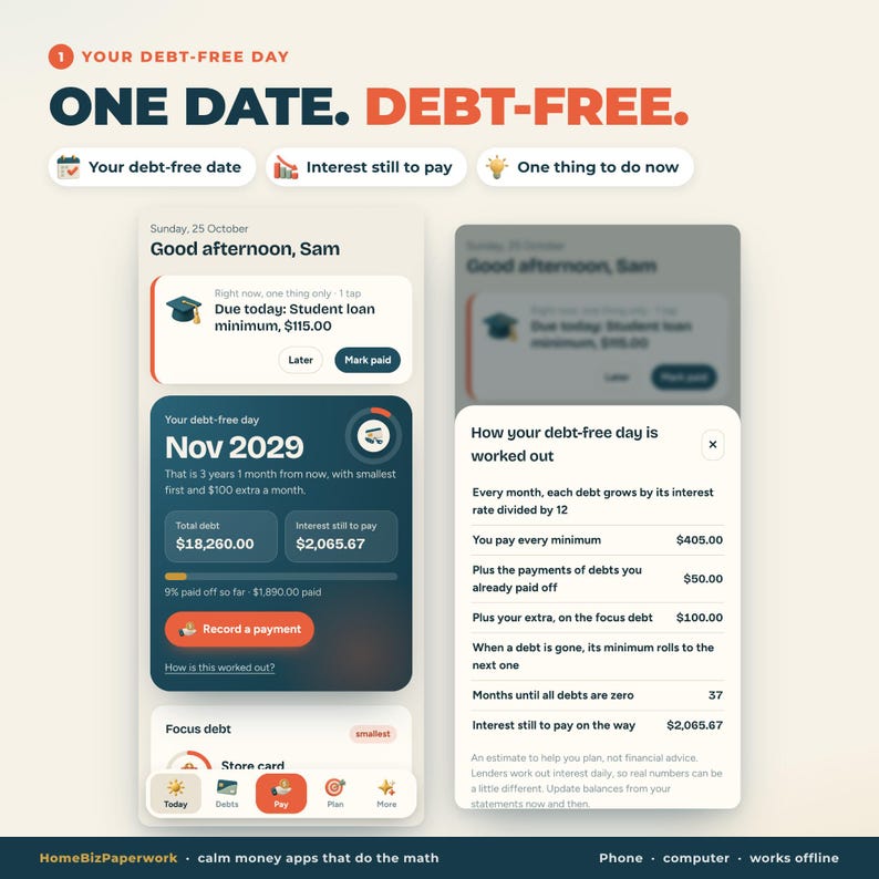 K&ouml;nnte beinhalten: Eine digitale Benutzeroberfl&auml;che f&uuml;r eine Schuldenmanagement-App mit dem Titel Your Debt-Free Day. Der Bildschirm zeigt Finanzdaten, darunter eine Studienkreditrate von 115,00 $, eine Gesamtschuld von 18.260,00 $ und Zinsen von 2.065,67 $.