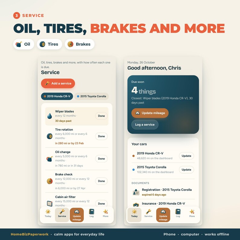 May include: A digital interface for a vehicle maintenance application titled Oil, Tires, Brakes and More. The screen displays service schedules for a 2019 Honda CR-V and 2015 Toyota Corolla, including wiper blades, tire rotation, oil changes, and brake checks.