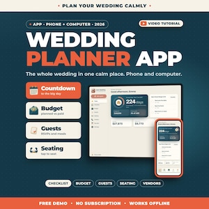 Puede incluir: Una interfaz de aplicación de planificación de bodas en una pantalla de computadora y un teléfono inteligente. El diseño incluye una cuenta regresiva, presupuesto, lista de invitados y plan de asientos. Texto: PLAN YOUR WEDDING CALMLY, 2026.