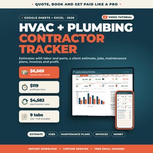HVAC Plumbing Contractor Tracker Google Sheets Excel | Job Estimate Calculator, Maintenance Plans, Job Tracker, Invoices, Profit