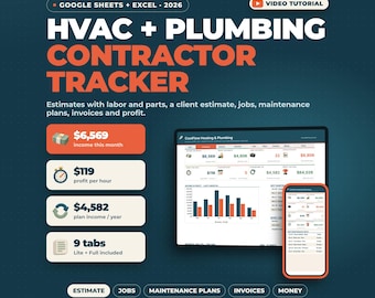 Strumento di monitoraggio per appaltatori di impianti di riscaldamento, ventilazione e condizionamento (HVAC) e idraulici, Fogli Google Excel / Calcolatore di preventivi, Piani di manutenzione, Monitoraggio dei lavori, Fatture, Profitti