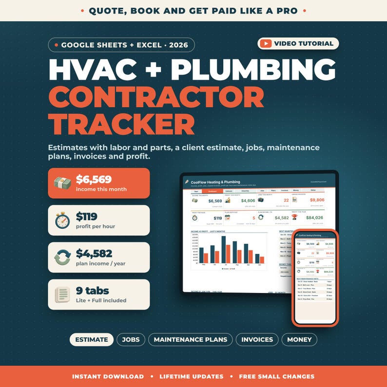 HVAC Plumbing Contractor Tracker Google Sheets Excel | Job Estimate Calculator, Maintenance Plans, Job Tracker, Invoices, Profit image 1