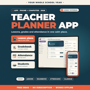 Puede incluir: Una aplicación de planificación para docentes 2026 mostrada en una tableta y un teléfono inteligente. La interfaz muestra planes de lecciones, libro de calificaciones, asistencia y contactos de estudiantes. El texto incluye "Teacher Planner App" y "Lessons, grades and attendance in one calm place."