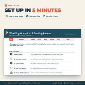 May include: A digital Wedding Guest List & Seating Planner spreadsheet interface. The header reads 'SET UP IN 5 MINUTES' with tabs for Start, Dashboard, Guests, RSVPs, Meals, Seating, Gifts, and Setup. It includes a five-step guide for event management.