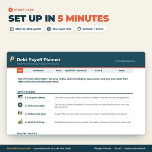 May include: A digital Debt Payoff Planner spreadsheet interface featuring a dark blue header with the text Debt Payoff Planner and HomeBizPaperwork. The layout includes tabs for Start, Dashboard, Debts, Payoff Plan, Payments, Extra $, and Setup.