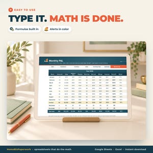 Pu&ograve; includere: Un tablet digitale mostra un foglio di calcolo mensile di profitti e perdite per il 2026, con colonne per articoli venduti, vendite, commissioni e utile netto. Il testo sullo schermo recita: Easy to use, Type it. Math is done.
