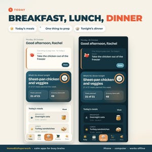 以下が含まれることがあります： ライトモードとダークモードで表示されたデジタル食事計画インターフェース。画面には朝食、昼食、夕食のセクションがある日次スケジュールが表示され、Good afternoon, Rachel、Sheet-pan chicken and veggies、Today's mealsなどのテキストが含まれています。下部にはナビゲーションアイコンがあります。