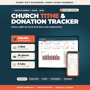 May include: A digital Church Tithe & Donation Tracker for Google Sheets and Excel 2026. The interface displays a dashboard with financial data, charts, and tabs for members, donations, funds, statements, and expenses on a computer screen and mobile phone.