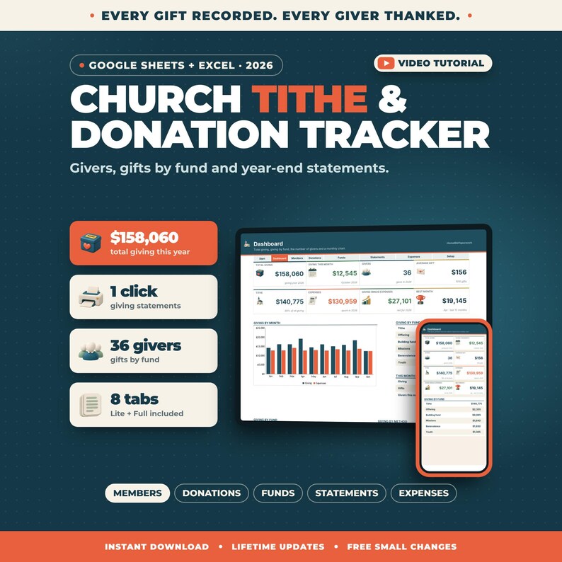 May include: A digital Church Tithe & Donation Tracker for Google Sheets and Excel 2026. The interface displays a dashboard with financial data, charts, and tabs for members, donations, funds, statements, and expenses on a computer screen and mobile phone.