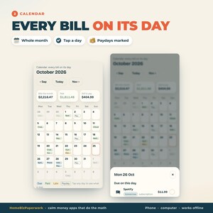 Puede incluir: Una interfaz de calendario digital titulada Every Bill On Its Day que muestra octubre de 2026. La pantalla muestra res&uacute;menes financieros mensuales, una cuadr&iacute;cula de fechas con facturas marcadas y una ventana emergente para el lunes 26 de octubre.