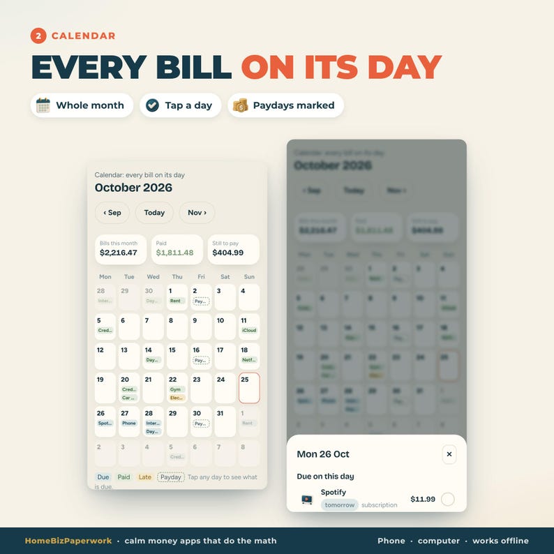 Puede incluir: Una interfaz de calendario digital titulada Every Bill On Its Day que muestra octubre de 2026. La pantalla muestra res&uacute;menes financieros mensuales, una cuadr&iacute;cula de fechas con facturas marcadas y una ventana emergente para el lunes 26 de octubre.