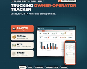 May include: A digital Trucking Owner-Operator Tracker for Google Sheets and Excel 2026. The interface displays a dashboard with financial metrics, including real profit per mile, all-in cost per mile, IFTA miles, and 8 tabs for tracking loads and fuel.