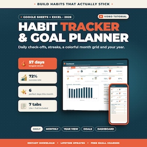 May include: A digital habit tracker and goal planner for Google Sheets and Excel 2026. The interface displays a dashboard with a 57-day streak, 72% success rate, and 6 perfect days. Includes a tablet and smartphone view with charts.