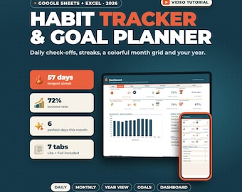 May include: A digital habit tracker and goal planner for Google Sheets and Excel 2026. The interface displays a dashboard with a 57-day streak, 72% success rate, and 6 perfect days. Includes a tablet and smartphone view with charts.