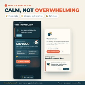 K&ouml;nnte beinhalten: Eine digitale Benutzeroberfl&auml;che mit dem Titel Built for ADHD Brains: Calm, Not Overwhelming. Sie zeigt zwei mobile App-Ansichten zur Finanzverfolgung, zum Schuldenabbau und zur Aufgabenverwaltung mit Schaltfl&auml;chen f&uuml;r Focus mode, Welcome back catch-up und Dark mode.