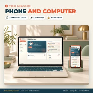May include: A laptop and a smartphone displaying a task management application interface. The screen shows text including 'Good morning, Jess' and '1 done'. The top of the image features the text 'WORKS EVERYWHERE PHONE AND COMPUTER'.