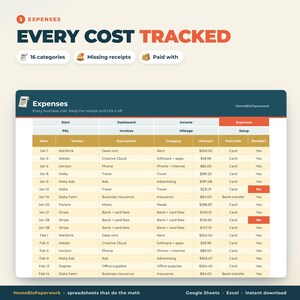 May include: A digital expense tracking spreadsheet template titled Every Cost Tracked. The interface displays columns for date, vendor, description, category, amount, payment method, and receipt status, with rows listing business expenses.