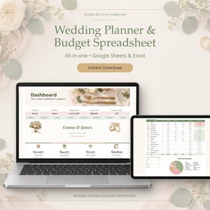 May include: A digital wedding planner and budget spreadsheet displayed on a laptop and tablet screen. The interface features a dashboard with the text Emma & James, financial data, and event details compatible with Google Sheets and Excel.