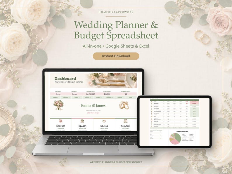 May include: A digital wedding planner and budget spreadsheet displayed on a laptop and tablet screen. The interface features a dashboard with the text Emma & James, financial data, and event details compatible with Google Sheets and Excel.