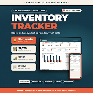 Inventory Spreadsheet Google Sheets Excel | Stock Tracker, Reorder Alerts, Sales Tracker, Small Business Inventory Template