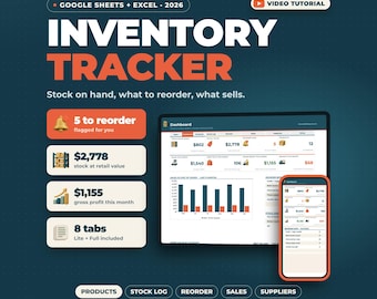 Inventory Spreadsheet Google Sheets Excel | Stock Tracker, Reorder Alerts, Sales Tracker, Small Business Inventory Template