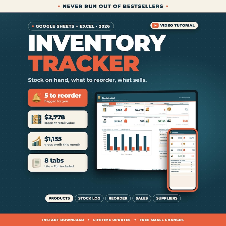 May include: A digital inventory tracker for Google Sheets and Excel 2026 featuring a dashboard display on a tablet and smartphone. The interface shows data metrics, charts, and lists with text including Inventory Tracker, 5 to reorder, and 8 tabs.