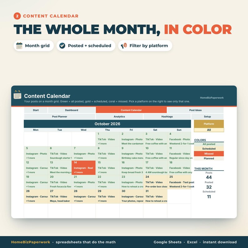 Calendario dei contenuti per i social media, foglio di calcolo Google Sheets Excel / Pianificatore di post, pianificatore di Instagram e TikTok, hashtag, tracker di analisi immagine 3