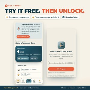 Pu&ograve; includere: Un'interfaccia digitale che mostra un'applicazione per la gestione della casa. Lo schermo presenta il testo TRY IT FREE. THEN UNLOCK. Include una dashboard dimostrativa con elenchi di attivit&agrave;, un calendario e una schermata di sblocco.