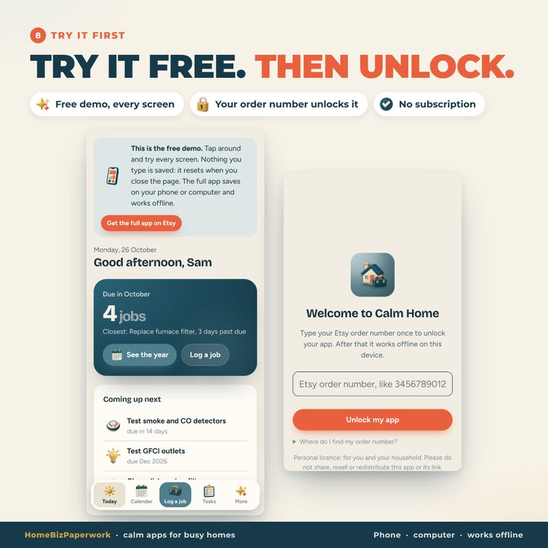 Pu&ograve; includere: Un'interfaccia digitale che mostra un'applicazione per la gestione della casa. Lo schermo presenta il testo TRY IT FREE. THEN UNLOCK. Include una dashboard dimostrativa con elenchi di attivit&agrave;, un calendario e una schermata di sblocco.